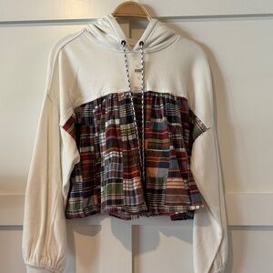 Pilcro long sleeve patchwork and knit twofer hoodie